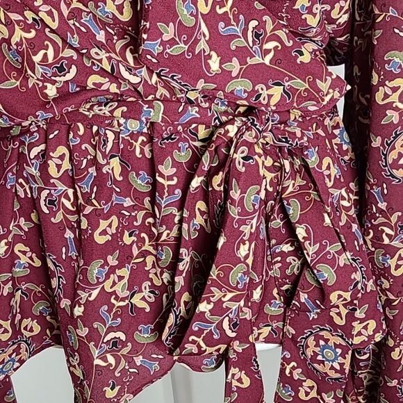 Max Studio Maroon Floral Blouse with Criss-cross Ruffle & Tie in Front, Sz Large - Picture 5 of 10
